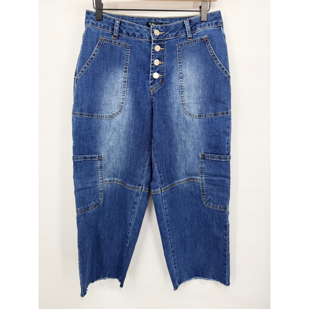 Flamingals Cargo Jeans Womens M Blue Excellent Button Fly Raw Hem Utility Crop